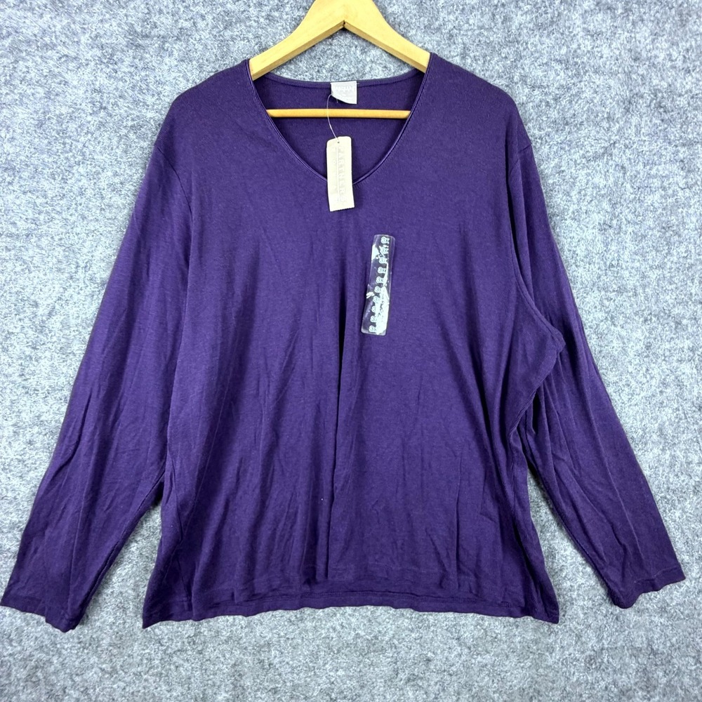 Partners Knitted Top Womens 3X Eggplant Cotton V-Neck Pullover Long Sleeve